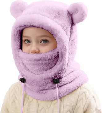 Generic Kids Winter Thermal Fleece Balaclava Windproof Ski Mask Face Cover Neck Warmer Hooded Scarf Cold Weather Beanie Hat with Adjustable Drawstring Boys Gi