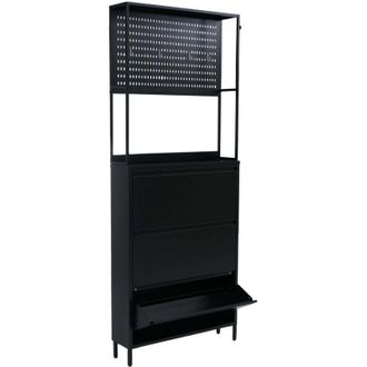 Hhg [nunca Usado] Armario Para Zapatos Hhg-432, Estanter&iacute;a Para Zapatos Schuhkipper, 3 Compartimentos Abatibles, Ganchos Met&aacute;licos, 201 X 80 X 20 Cm, Negr