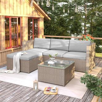 Direct Wicker Outdoor Rattan Furniture Corner Sofa Set Garden Entertaining Set in Beige | Size: 4 Person