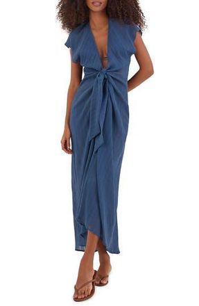 Vix Sasha Plunge Neck Semisheer Cover-Up Maxi Dress in Blue at Nordstrom Rack, Size Medium