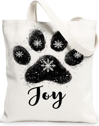 Generic Winter Paw Print Canvas Tote Bags, Joyful Snowflake Design Reusable Shopping Bags, Lightweight Washable Shoulder Strap Canv, White, 13x15 Inch