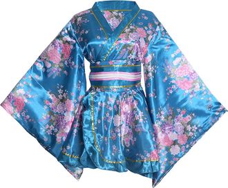 Generic Womens Sexy Short Kimono Costume Adult Japanese Geisha Yukata Prints Gown Fancy Dress with Obi Belt, 2 Sky Blue, One Size