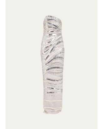 Pamella Roland Wave Beaded Tulle Strapless Column Gown