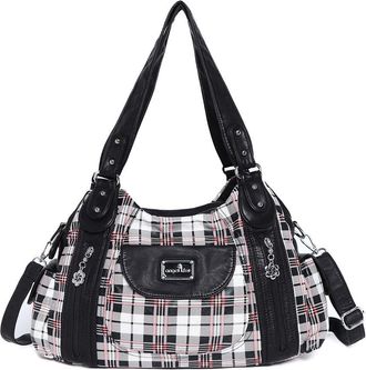 Angel Kiss Purses for Women, Large Shoulder Bag Hobo Tote Purse Mutipocket Faux Leather Satchel Hobo Purse, Plaid Black, L