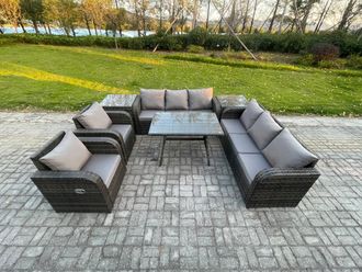 Fimous 8 Seater Rattan Outdoor Garden Furniture Sofa Set Patio Table & Chairs Set with 3 Seater Sofa Rectangular Dining Table 2 Side Tables