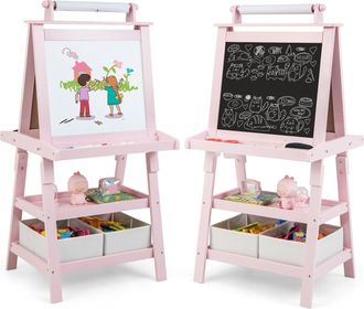 Costway Costway - 3 In 1 Cavalletto Per Bambini Con Doppia Faccia, Cavalletto Per Disegno Con 2 Vassoi E 2 Scatole, Lavagna Bambini In Legno (rosa)