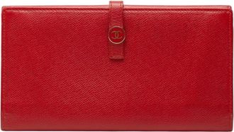 Chanel Red Color Leather Long Wallet (Bi-Fold) (Pre-Owned)