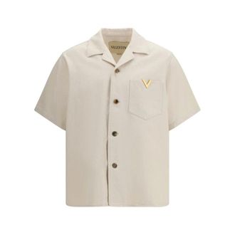 Valentino Overhemden, Heren, Beige, S, Denim, Denim overhemd met knopen en klassieke kraag