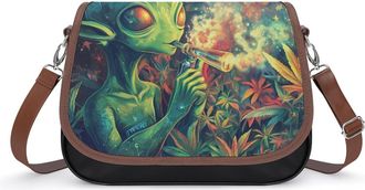 Generic Green Aliens Weed1 Crossbody Bag Womens Handbag PU Message Bags Shoulder Purse with Adjustable Strap