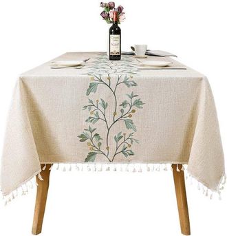 No Brand Mantel Rectangular De Lino Y Algod&oacute;n Color Beige Con Borlas Antimanchas, Bordado De Hojas Verdes, Mesa De Comedor, 140 X 180 Cm