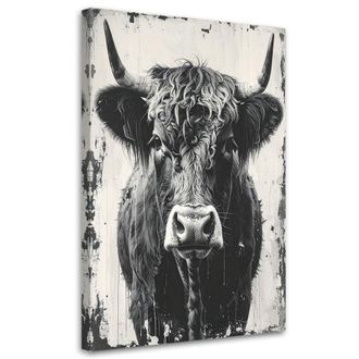 Feeby Cuadro Sobre Lienzo, Vaca Escocesa Blanco Y Negro Vintage, 80x120