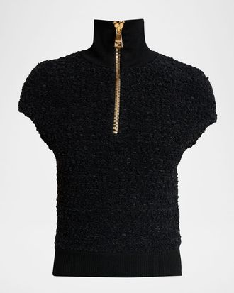 Balmain Short-Sleeve Textured Wool Zip Top