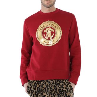 Roberto Cavalli Carmine Foil Mirror Snake Logo Cotton Sweatshirt, Size X-Large