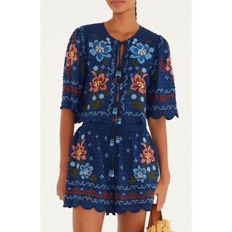 Farm Rio Stitched Garden Cover-Up Top in Dark Blue at Nordstrom, Size Medium