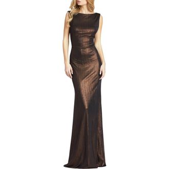 Mac Duggal Womens Metallic Jersey Cowl Back Column Gown in Espresso at Nordstrom, Size 14