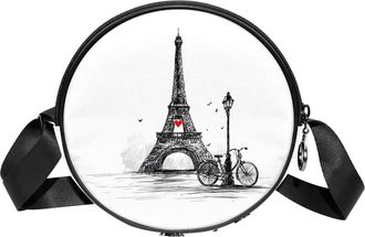 Generic Circle Crossbody Bag for Women, Paris Eiffel Tower Hearts Bicycle Small Sling Bag Daypack with Zipper Adjustable Shoulder Straps Casual Ladies Girls R