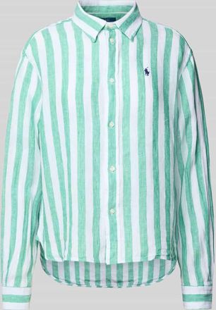 Polo Ralph Lauren Crop Boxy Fit Leinenhemdbluse mit Logo-Stitching in Gruen, Größe XS