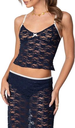 Edikted Vara Sheer Lace Crop Top in Navy at Nordstrom, Size Medium