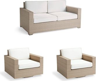 Frontgate Palermo 3-pc. Loveseat Set with Two Swivel Lounge Chairs in Dove Wicker - Standard, Air Blue with Natural Piping - Frontgate