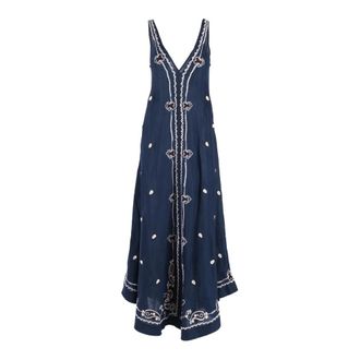 P.A.R.O.S.H. Beach 26 V-neck Maxi Jurk - Dames - Maxi kleedjes - Blauw - S - Linnen - Kleedjes