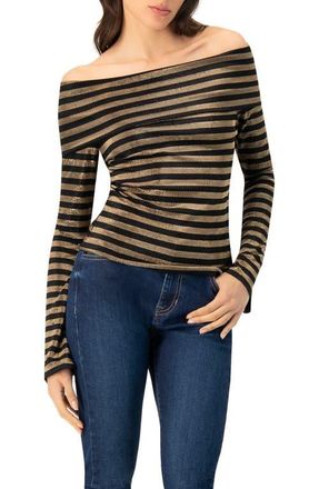 Ivonne Bardot Neckline Striped Long Sleeve Blouse in Black at Nordstrom, Size Medium