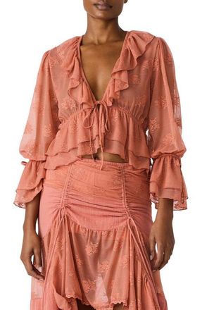 Steve Madden Montana Floral Embroidery Ruffle Detail Knit Top in Canyon Rose at Nordstrom, Size Large