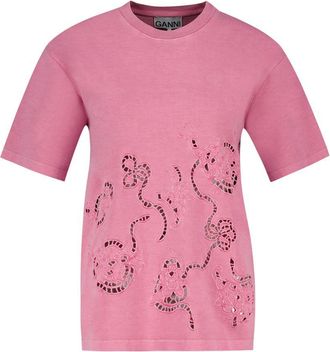 Ganni Womens Embroidery Anglais Cotton T-Shirt Pink