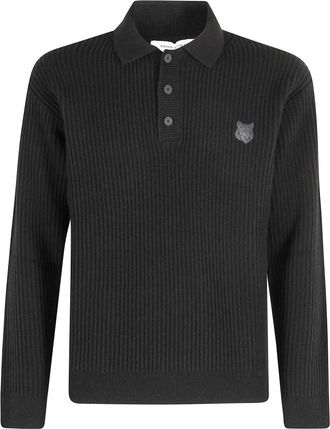Maison Kitsun&eacute; Fox Head Wool Ribbed Polo Jumper - Heren - Ronde hals truien - Zwart - L - Wol - Truien & Vesten