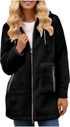 Generic Fluffy Coats for Women Long Sherpa Fleece Jacket Zip Up Hoodie Oversized Cardigan Ladies Long Coat Casual Hooded Longline Coat Winter Oversized Fluffy