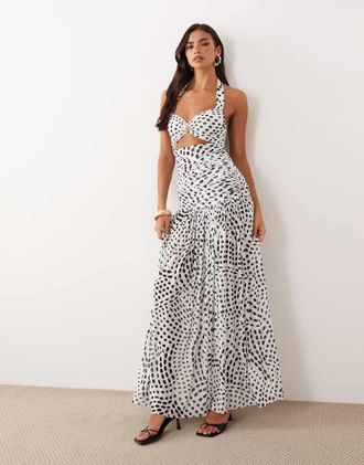 AFRM Blane - Vestito lungo allacciato al collo bianco a pois con cut-out e dettaglio in metallo