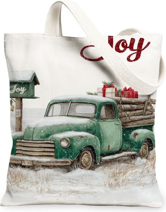 Generic Rustic Truck Canvas Tote Bags, Vintage Farmhouse Design Reusable Grocery Bags, Winter Holiday Lightweight Washable Shoulder, Green, 13x15 Inch