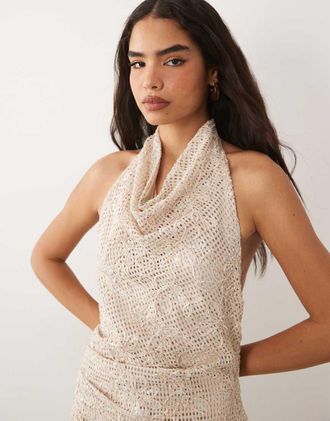 Asos Vestito corto allacciato al collo con scollo ad anello in paillettes neutre lavorato alluncinetto-Neutro