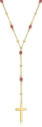 Ross-Simons Garnet Rosary Beads With Cross Necklace in 18kt Gold Over Sterling