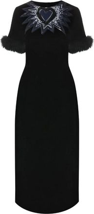 Fendi Zwarte Fluweel Midi Jurk met Bontafwerking - Dames - Casual kleedjes - Zwart - XS - Pailletten - Kleedjes