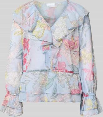 Comma Regular Fit Bluse mit Volants und Trompeten&auml;rmeln in Bleu, Gr&ouml;&szlig;e 34