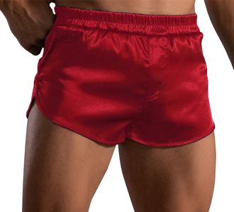 Feoya Mens Satin Silk Boxers Shorts Silky Sleep Shorts Split Side Sexy Panties Elastic Waist Pyjama Bottom Sleepwear Underwear Red M