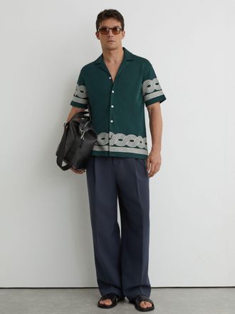 Reiss Soft Sage Green Cotton-blend Embroidered Cuban-collar Shirt, Xxl