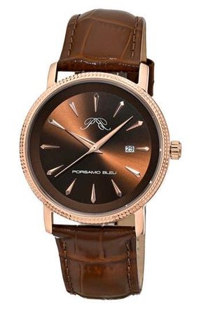 Porsamo Bleu Veritas 2 Croc Embossed Leather Strap Watch, 40mm in Rose/Brown at Nordstrom Rack