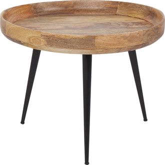 Beliani Mesa De Centro De Madera De Mango Clara Metal Negro Base Tr&iacute;pode Bordes Elevados Edna