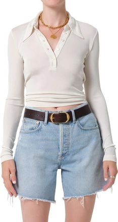 Citizens Of Humanity Shaea Long Sleeve Rib Polo in Pashmina Off White at Nordstrom, Size X-Small
