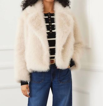 Karen Kane Cropped Faux Fur Jacket In Stone