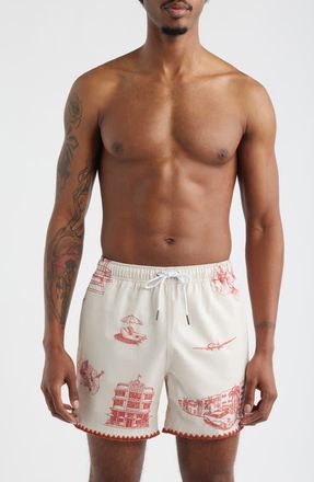 MAVRANS Ocean Drive Print Stitch Waterproof Swim Trunks in Red at Nordstrom, Size X-Large