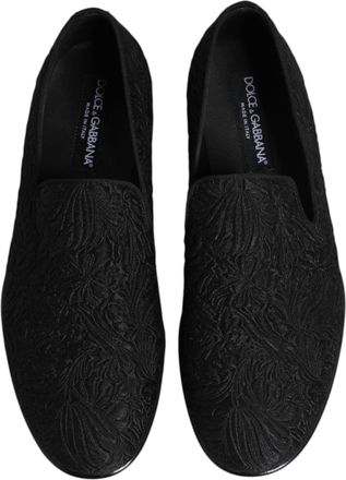 Dolce & Gabbana Mens Black Jacquard Slip On Loafers Formal Shoes Velvet Leather