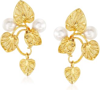 Ross-Simons Italian 6mm Cultured Pearl Vine Drop Earrings in 18kt Gold Over Sterling