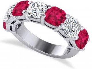 Allurez Cushion Lab Grown Diamond & Lab Ruby Seven Stone Ring 14k White Gold (5.85ct)