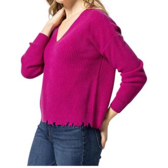 Lilla P Distressed V-Neck Sweater In Magenta