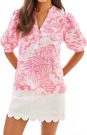 Lilly Pulitzer Mialeigh Elbow Sleeve Linen Print Top In Rousseau Pink Glisten In The Sun