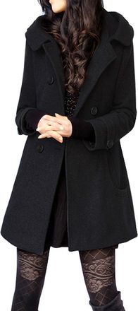 Generic Womens Warm Double Breasted Wool Pea Coat Trench Coat Jacket with Hood (Black,L)