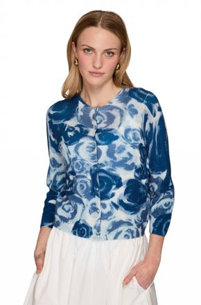Autumn Cashmere Watercolor Rose Baby Cardigan In Blue Combo