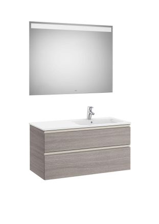 Roca Roca - Pack Mueble Base De 2 Cajones + Lavabo Derecha + Espejo Led The Gap Color: Roble City Texturizado